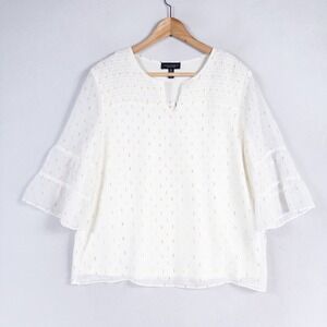 Investments Petites Top Blouse PL White Silver Gold Swiss Dot Bell Sleeve New